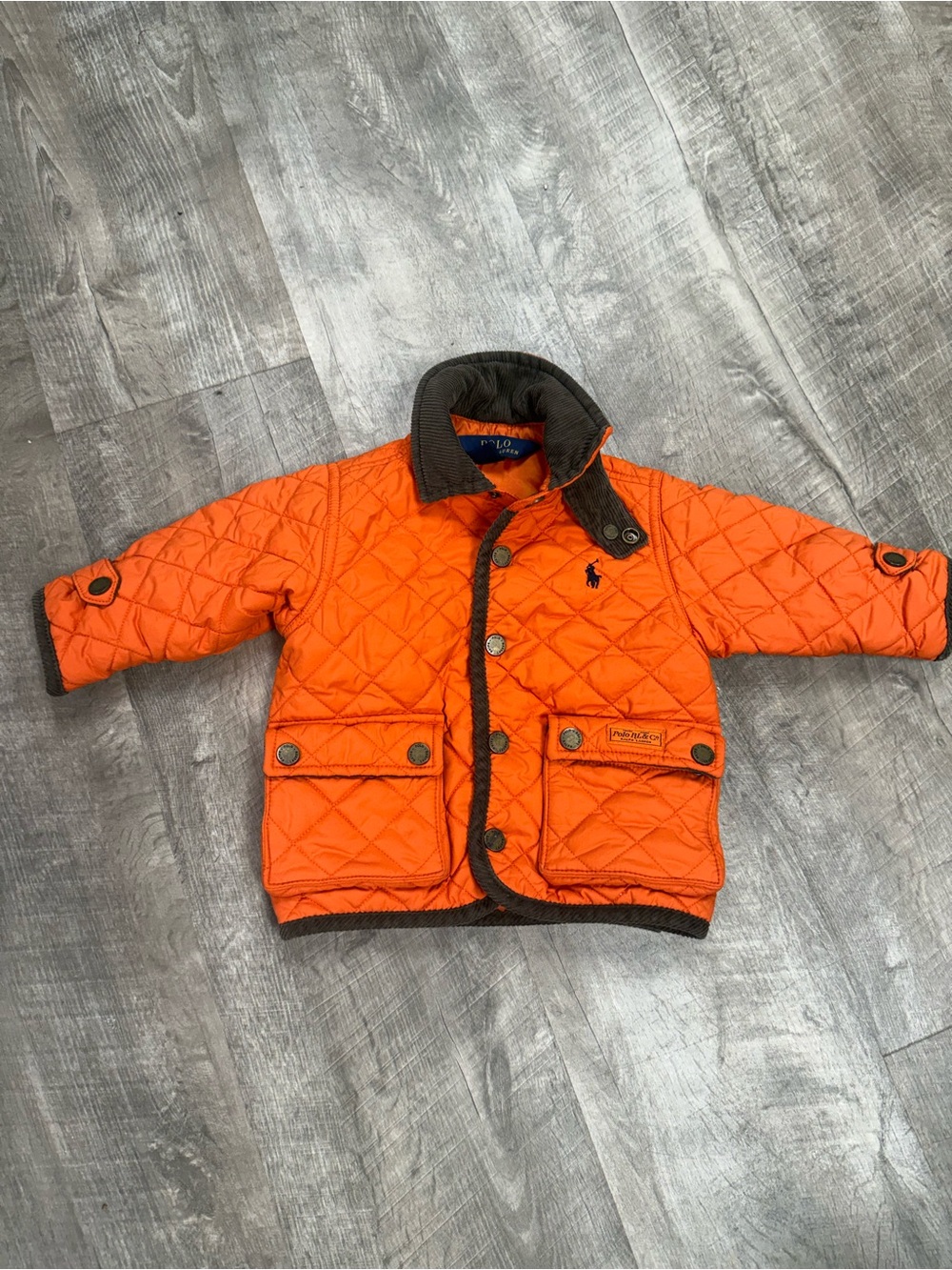 Ralph Lauren Orange Quilted Baby Jacket with Brown Trim